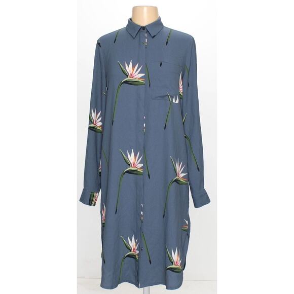 Ann Taylor Floral Button Up Long Sleeve Belted Shirt Dress Size XS Gray Multi - Picture 2 of 7